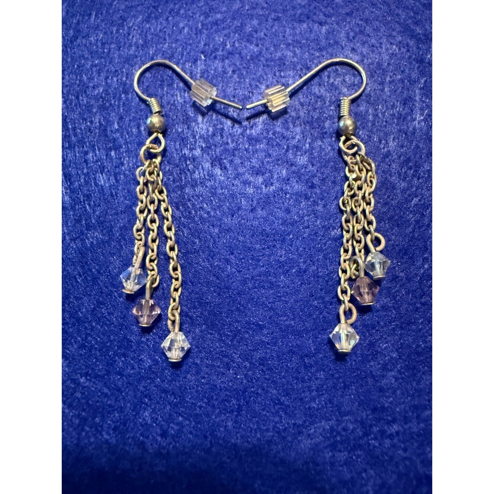 Dangle Earrings Silver Purple Crystal Triple Chain Drop Whimsigoth Fairy Grunge